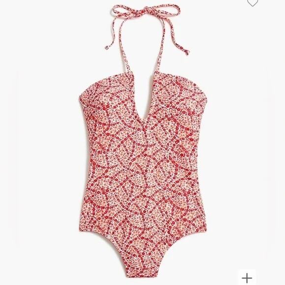 J. Crew ruched keyhole plunge ditsy floral print one piece halter swim suit‎ L - Picture 1 of 10